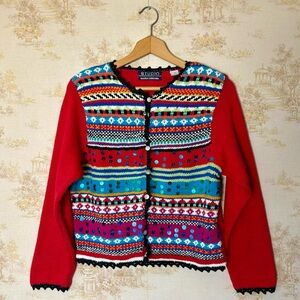 Vintage 90s red multicolor maximalist granny boho knit sequin cardigan sweater